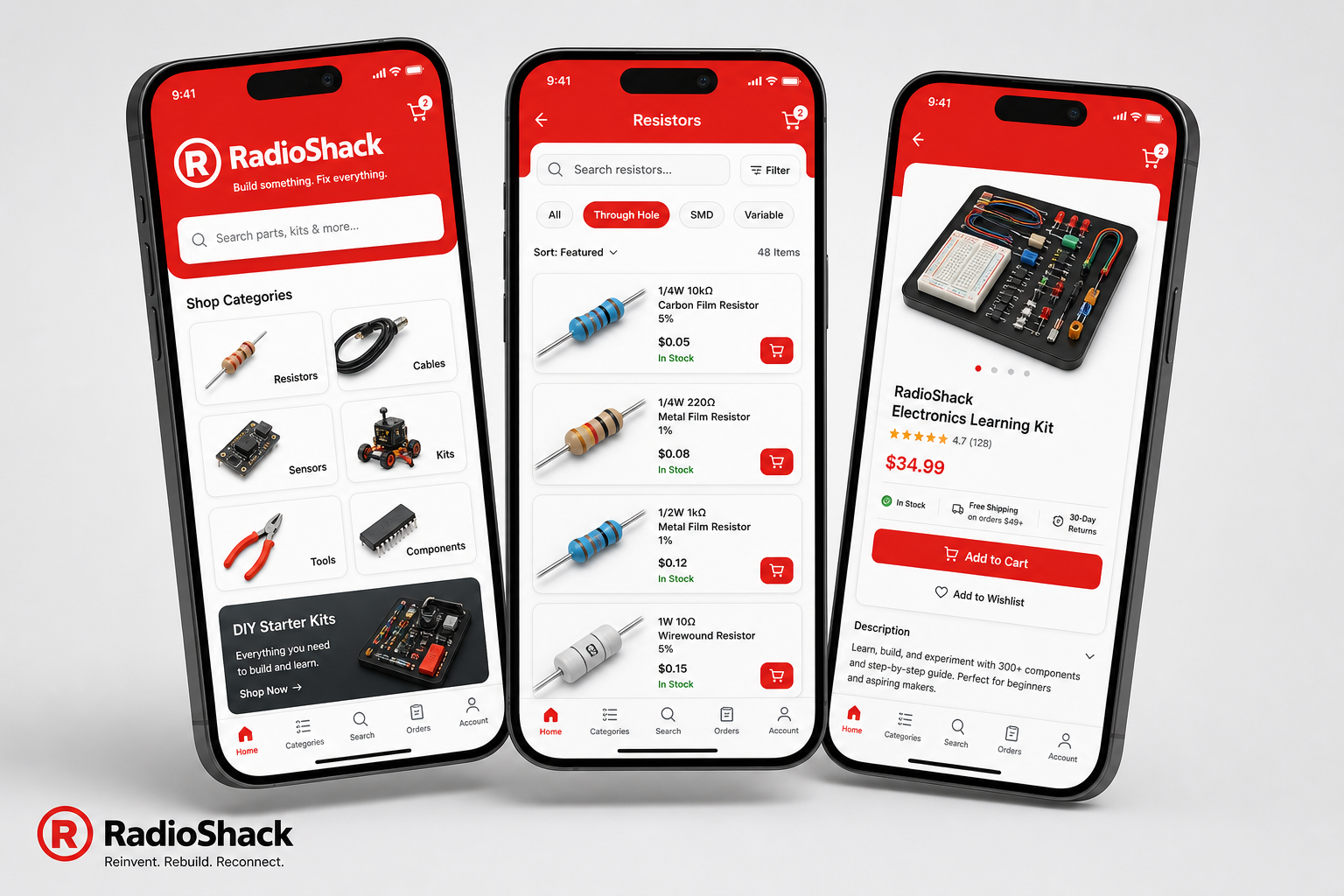 RadioShack app UI on a smartphone — Find a part