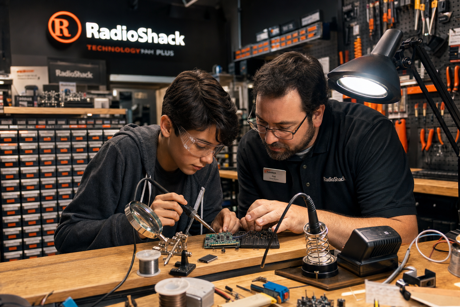 In-store workshop bench — teen and employee soldering together