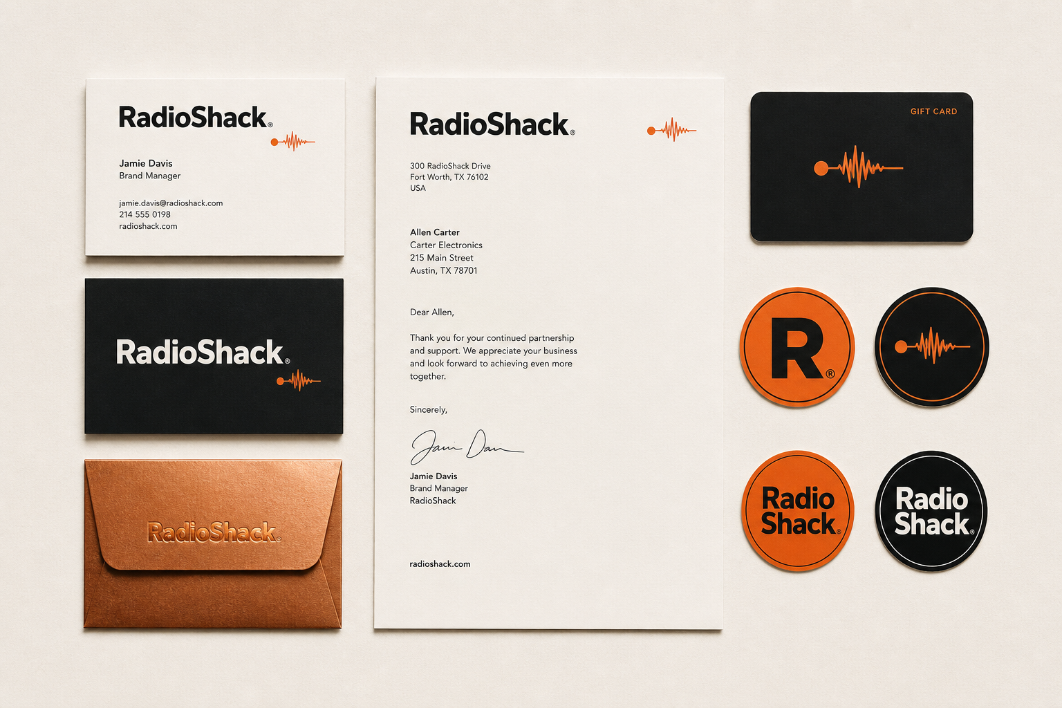 RadioShack brand board — cards, letterhead, gift card, stickers