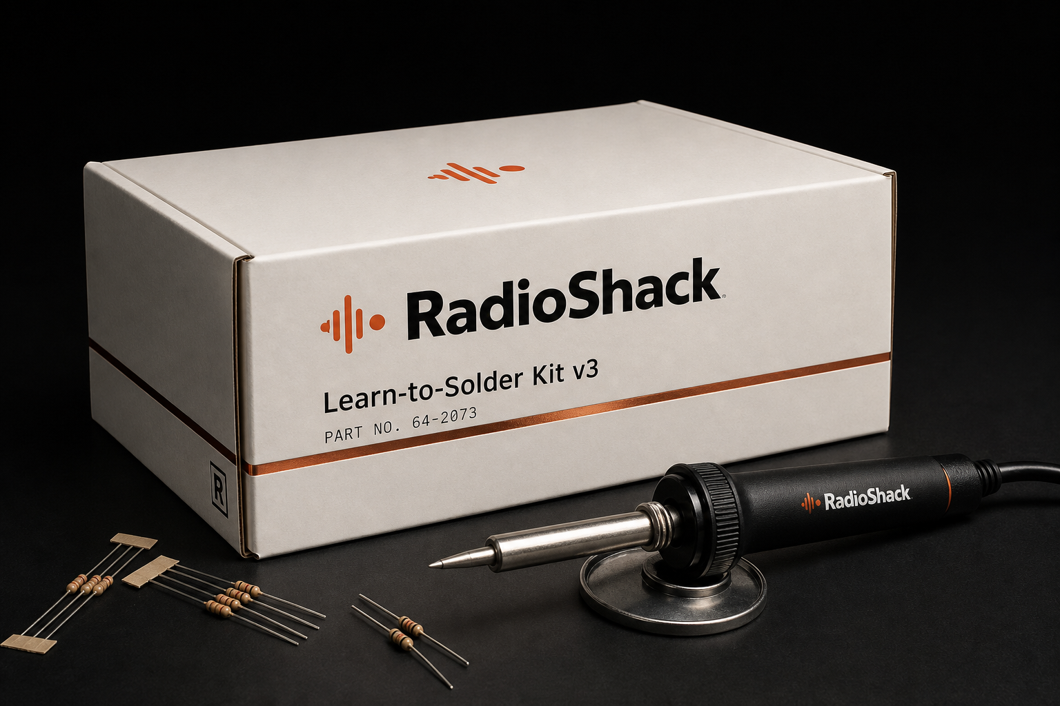 RadioShack Learn-to-Solder Kit packaging on a dark studio surface