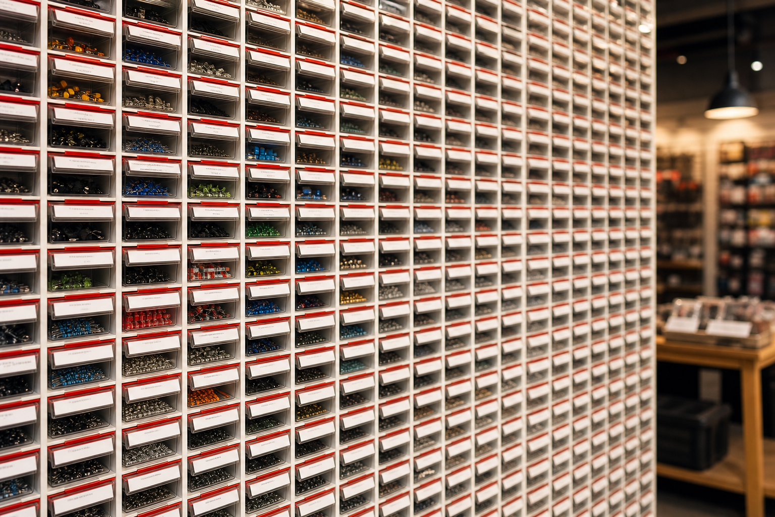Wall of labeled component parts drawers, one pulled open