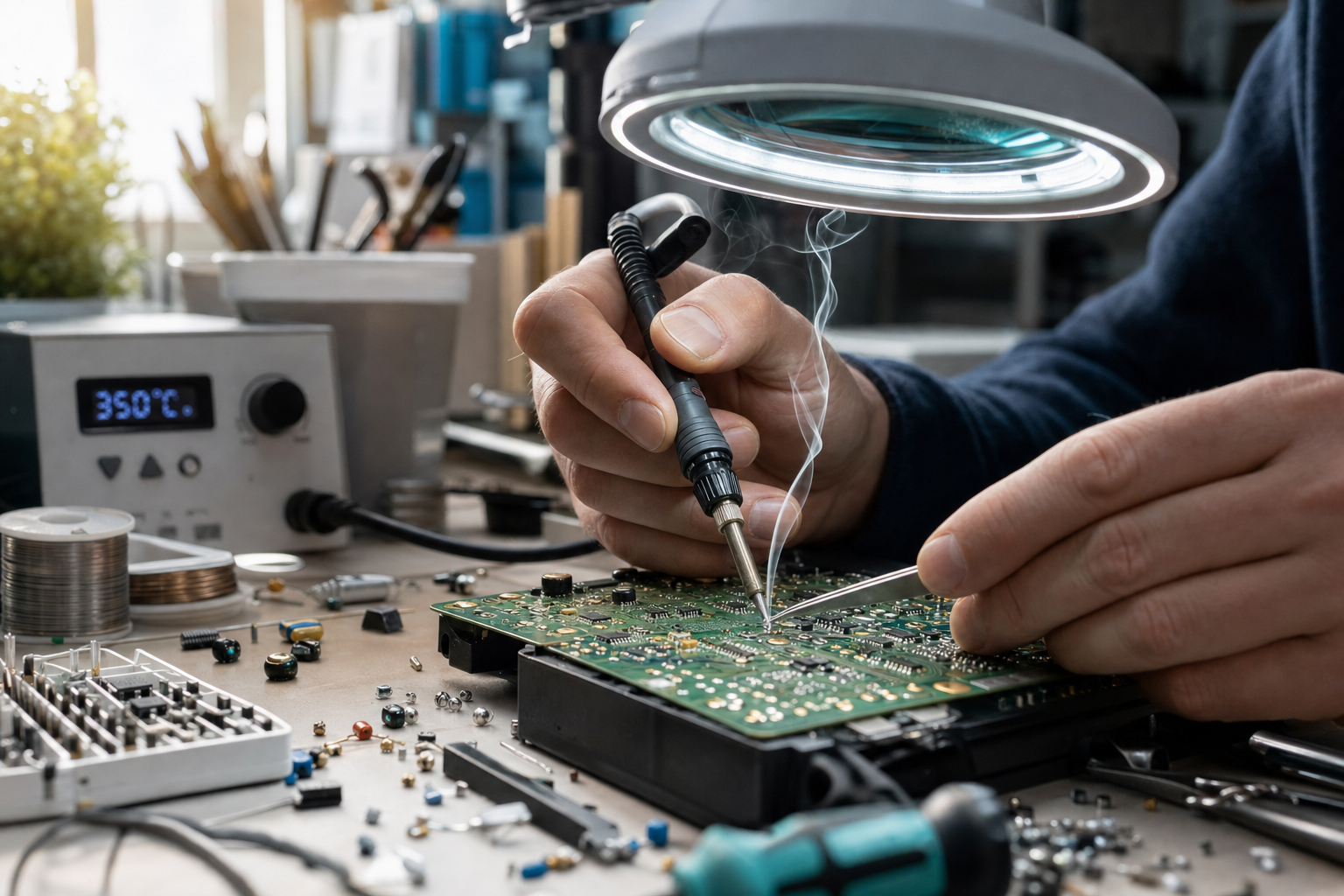 Hands soldering a vintage game console motherboard on a cluttered workbench