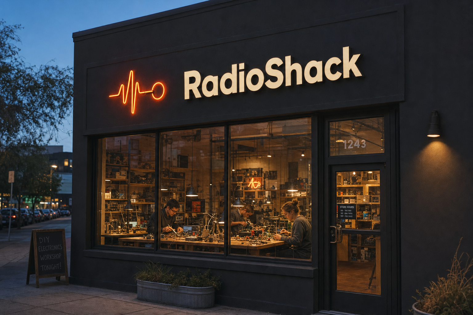 RadioShack storefront at dusk with orange neon Signal Node mark
